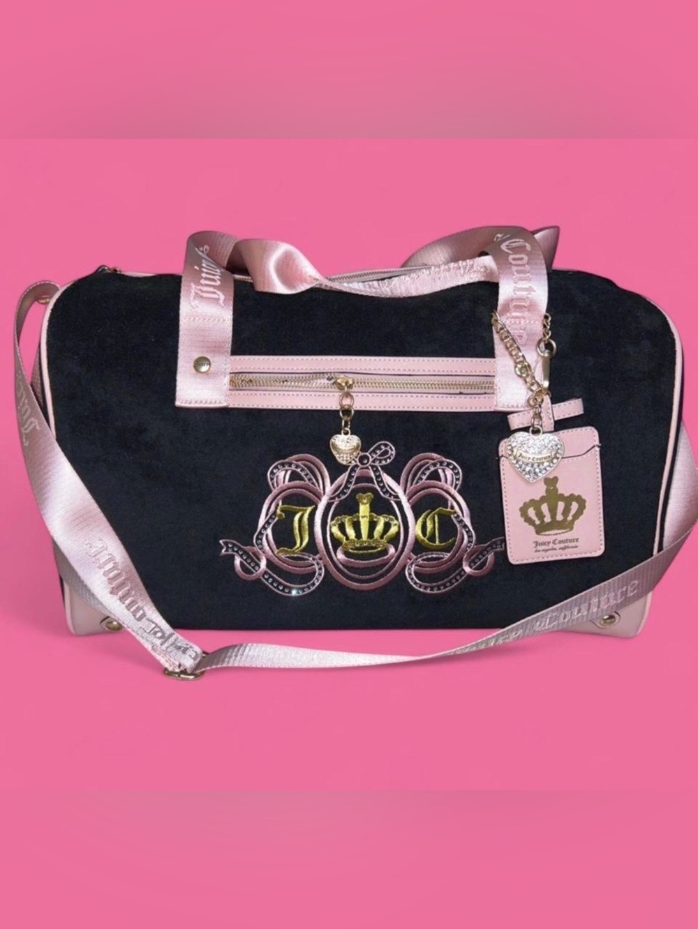Juicy Couture Black and Pink Crown Embroidered Travel Bag